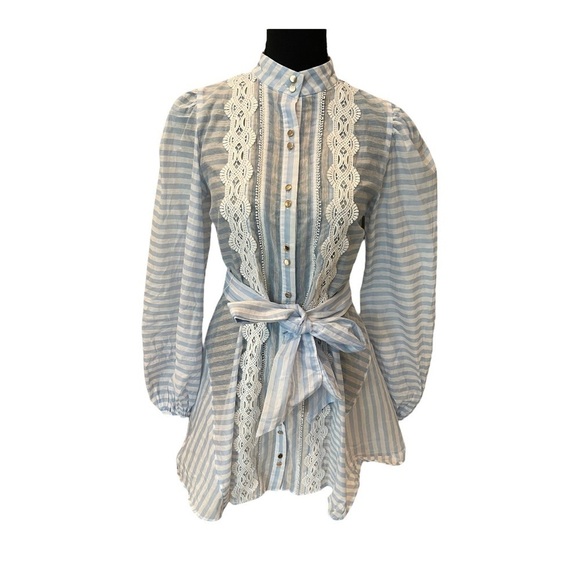 Keepsake The Label Blue Stripe Bow Balloon Sleeve Mini Dress XS - Picture 3 of 15